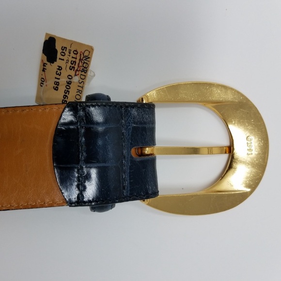 New S Nordstrom Leather Belt Croc Retro Navy - Picture 3 of 5